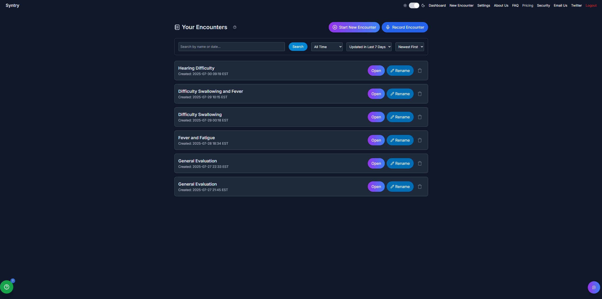 New Dashboard showing encounter list and controls