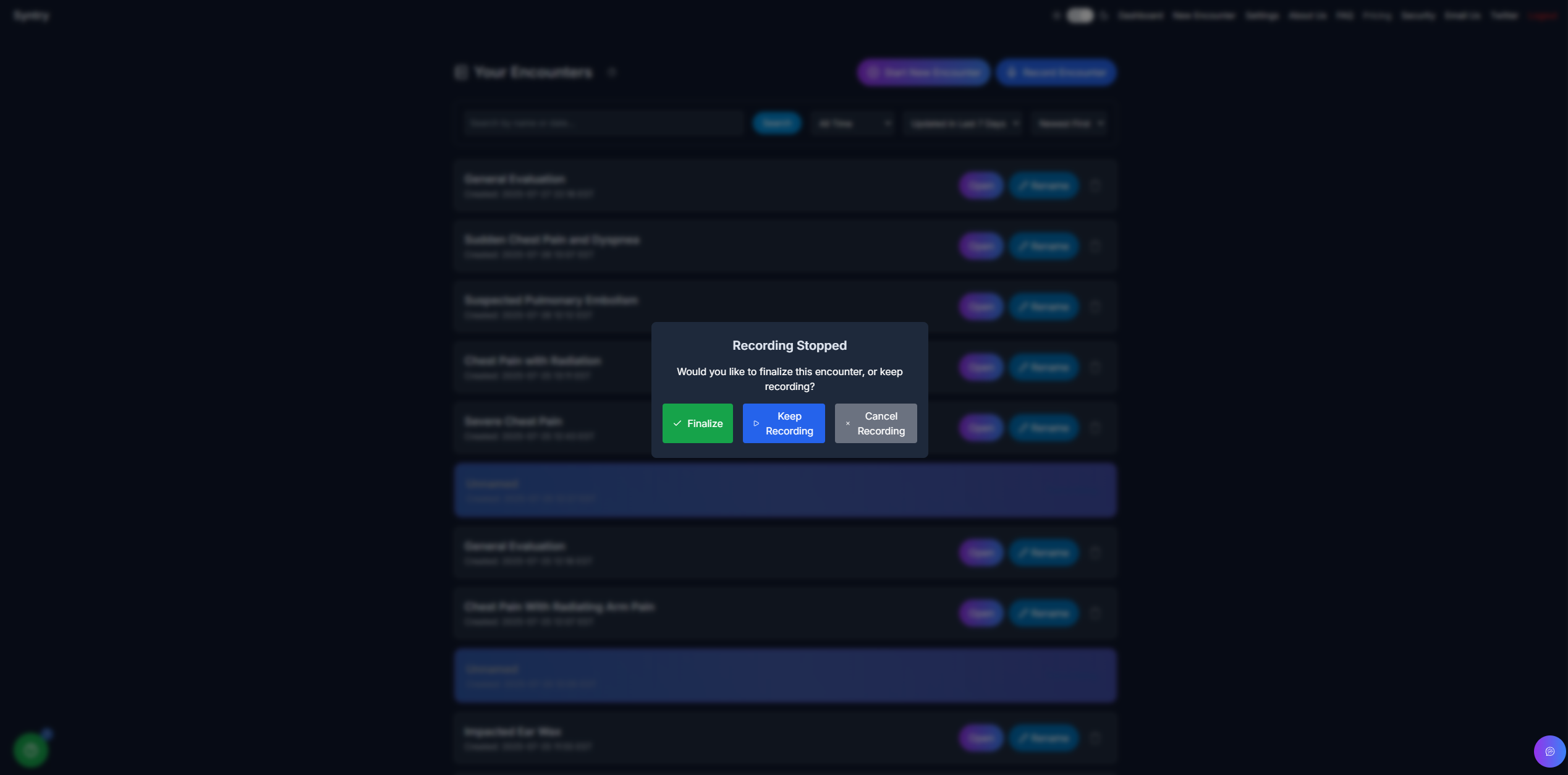 Finalize recording modal with three action options
