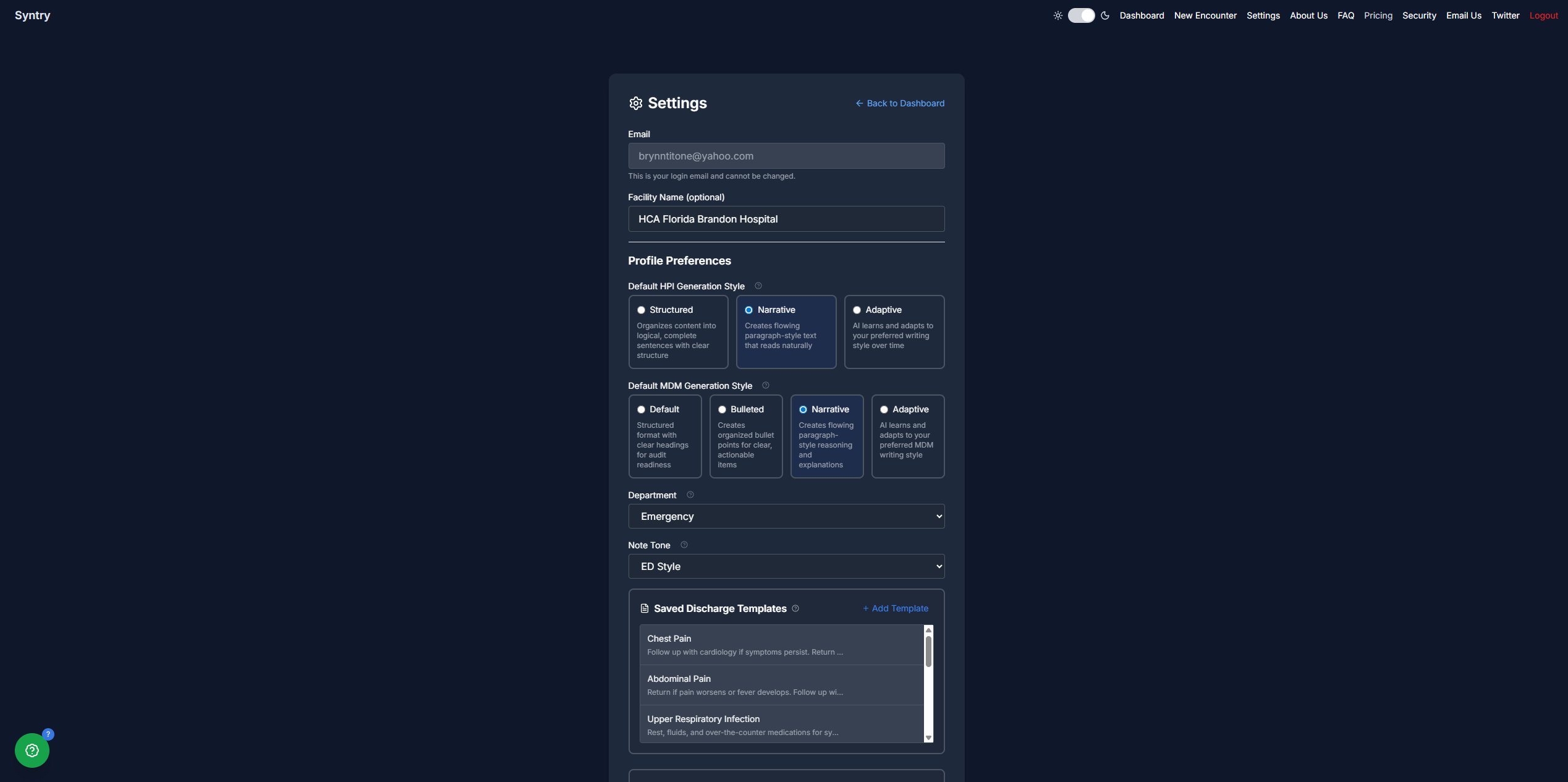 Settings and preferences page