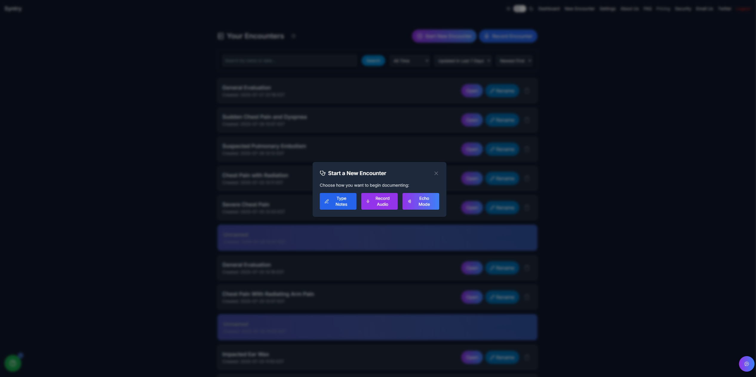 Start New Encounter modal with three options