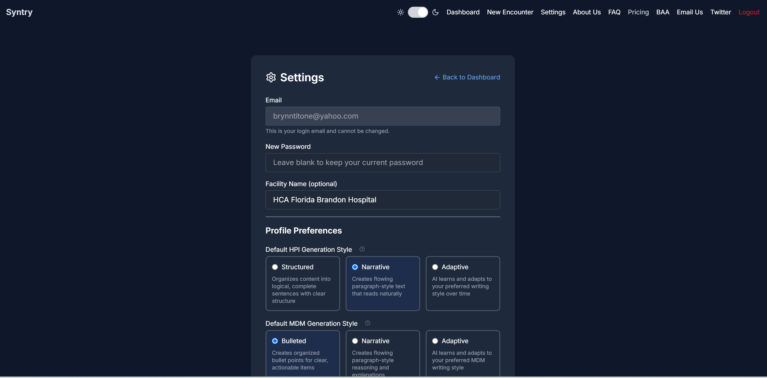 Settings page interface
